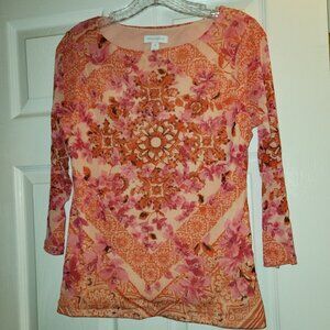 Charter Club Top Orange Pink Floral 3/4 Sleeve Blouse Size PM